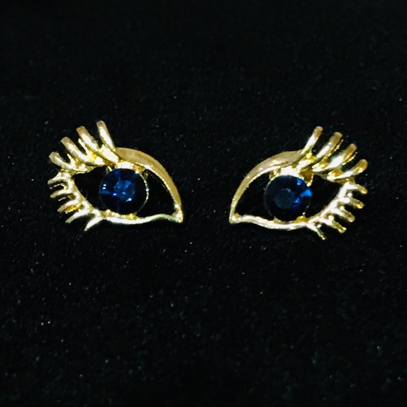 Jewelry - Evil Eye Gold Eyelash Blue Stud Earrings